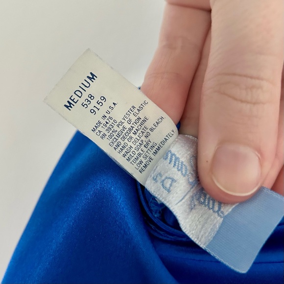 Vintage 1980s Lady Cameo of Dallas Electric Blue Satin Slip Dress w/ High Slit - Picture 14 of 14